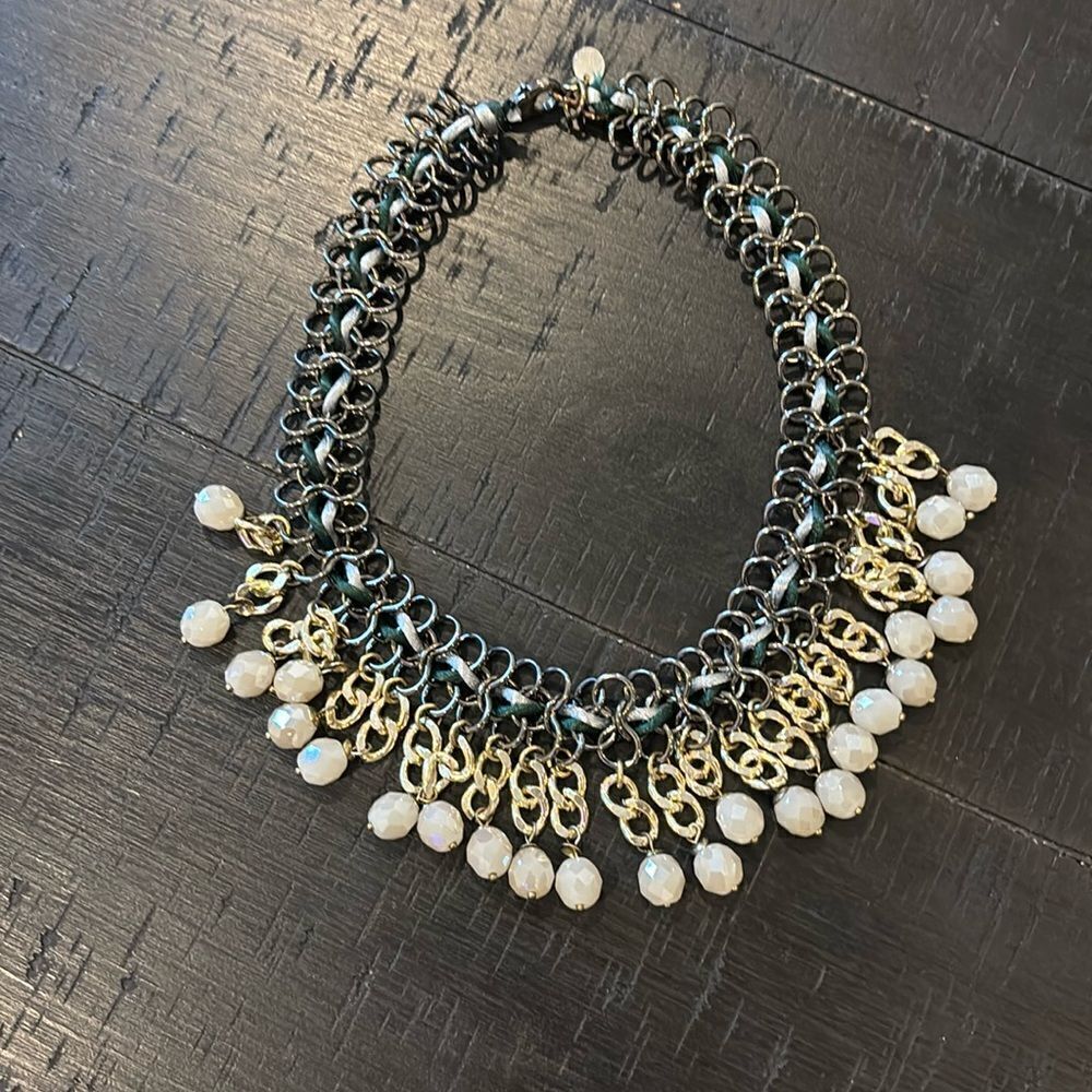 Moon C Paris Thread Chain Dangle Statement Collar Necklace Beaded Two Tone